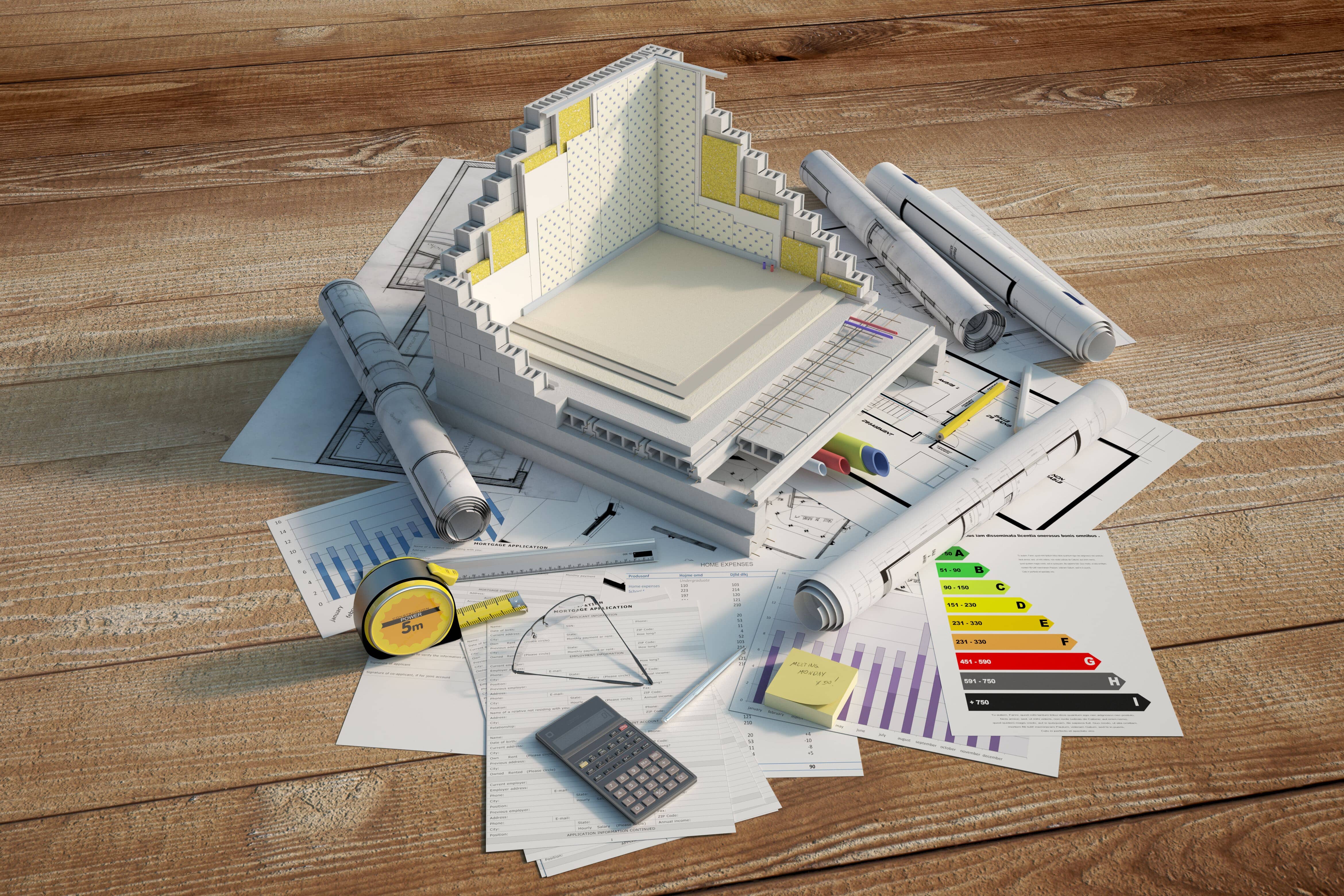 Blue prints, ssketches, plans and documents for a Modern house architecture design work