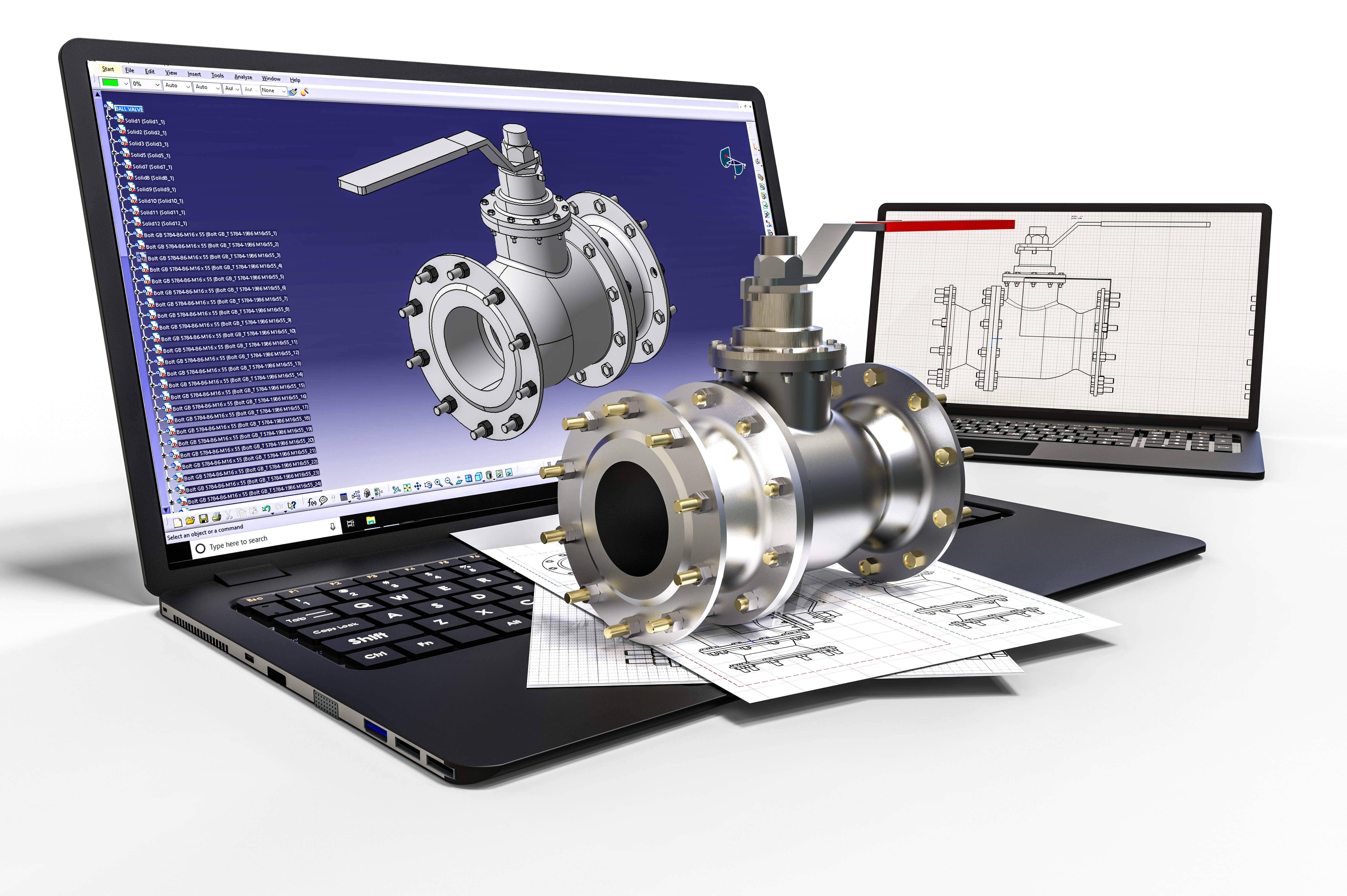 3D rendering of a image representing computer aided design using an laptop